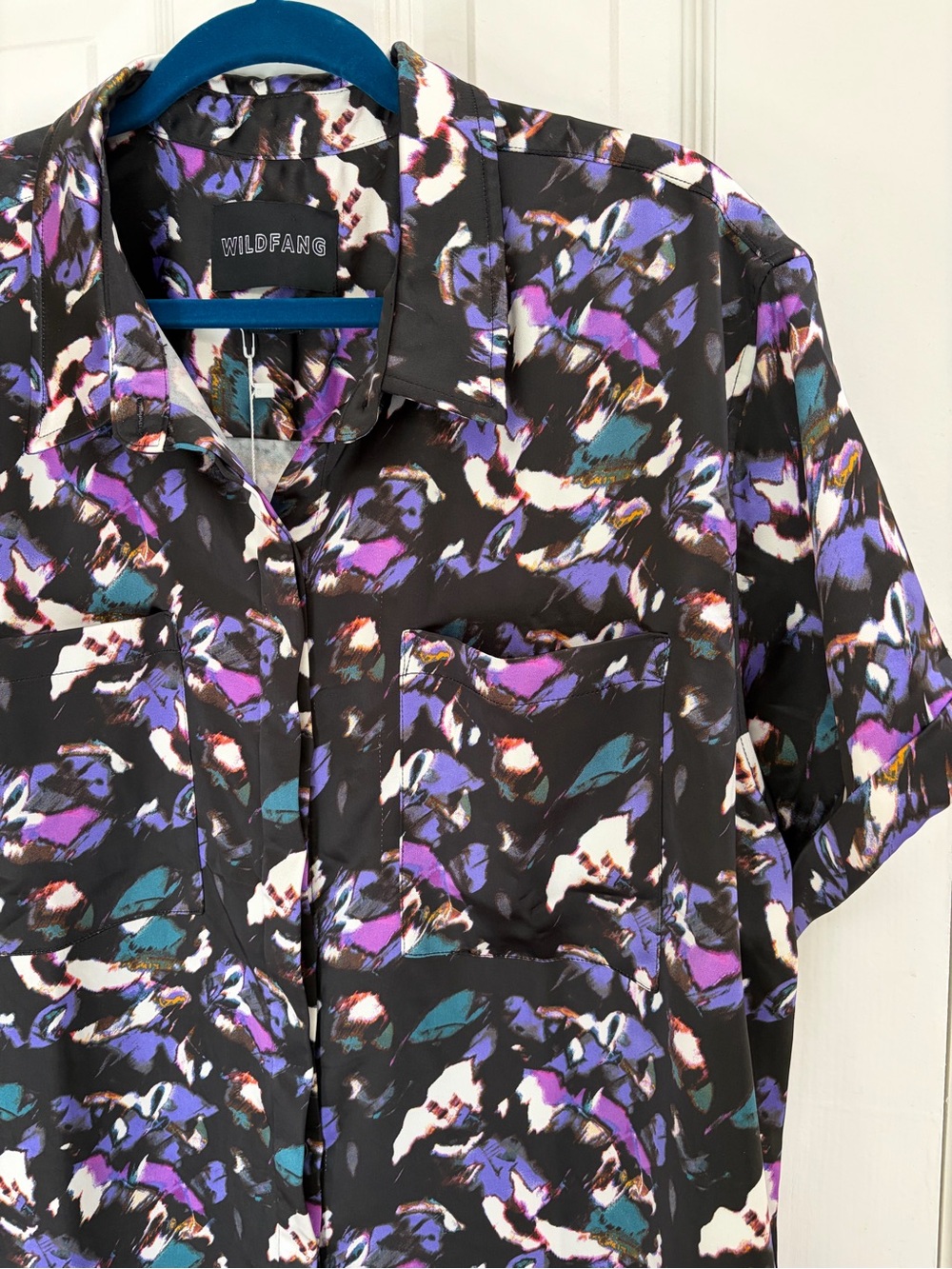 Wildfang Empower Satin Short-Sleeve Button-Front Shirt with Purple Teal Print - Picture 4 of 9